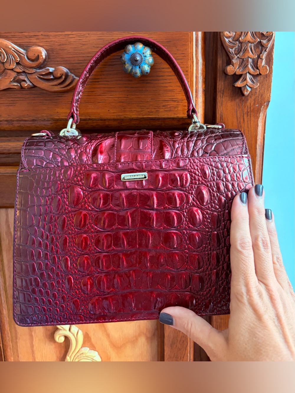 Brahmin Red Croc-Embossed Satchel with Swarovski Wreath Buckle, and Bird Charm - Picture 7 of 12